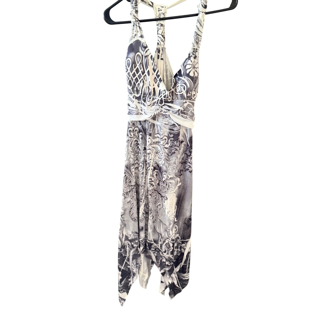 CristinaLove Gray Baroque Floral Rhinestone Handkerchiefโ Hem Racerback Dress